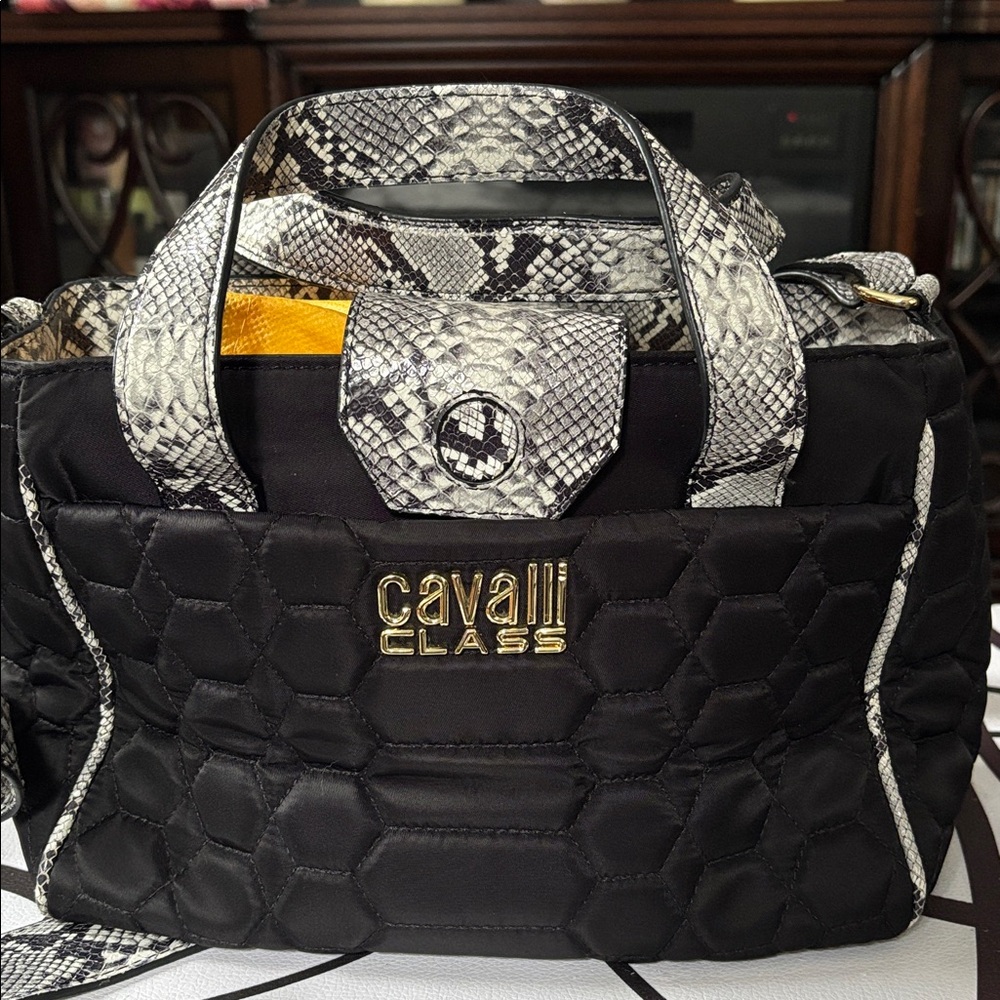 Cavalli Class Black and Snake Print Handbag